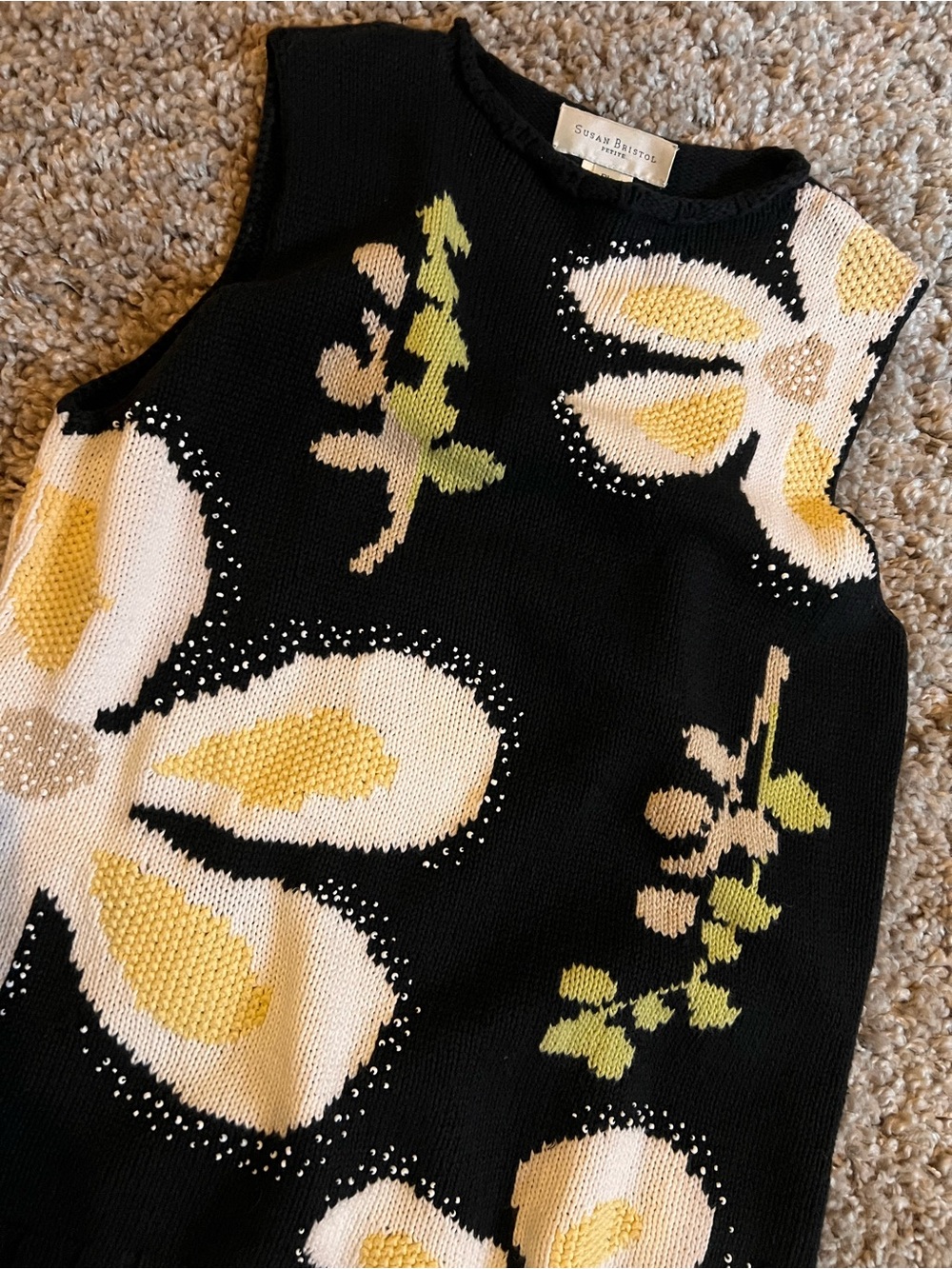 Susan Bristol Vintage Petite Floral Knit Tank with Hand Embroidery